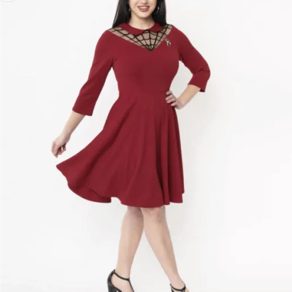 Unique Vintage 1950s Burgundy Spiderweb Endora Fit & Flare Dress 3X
